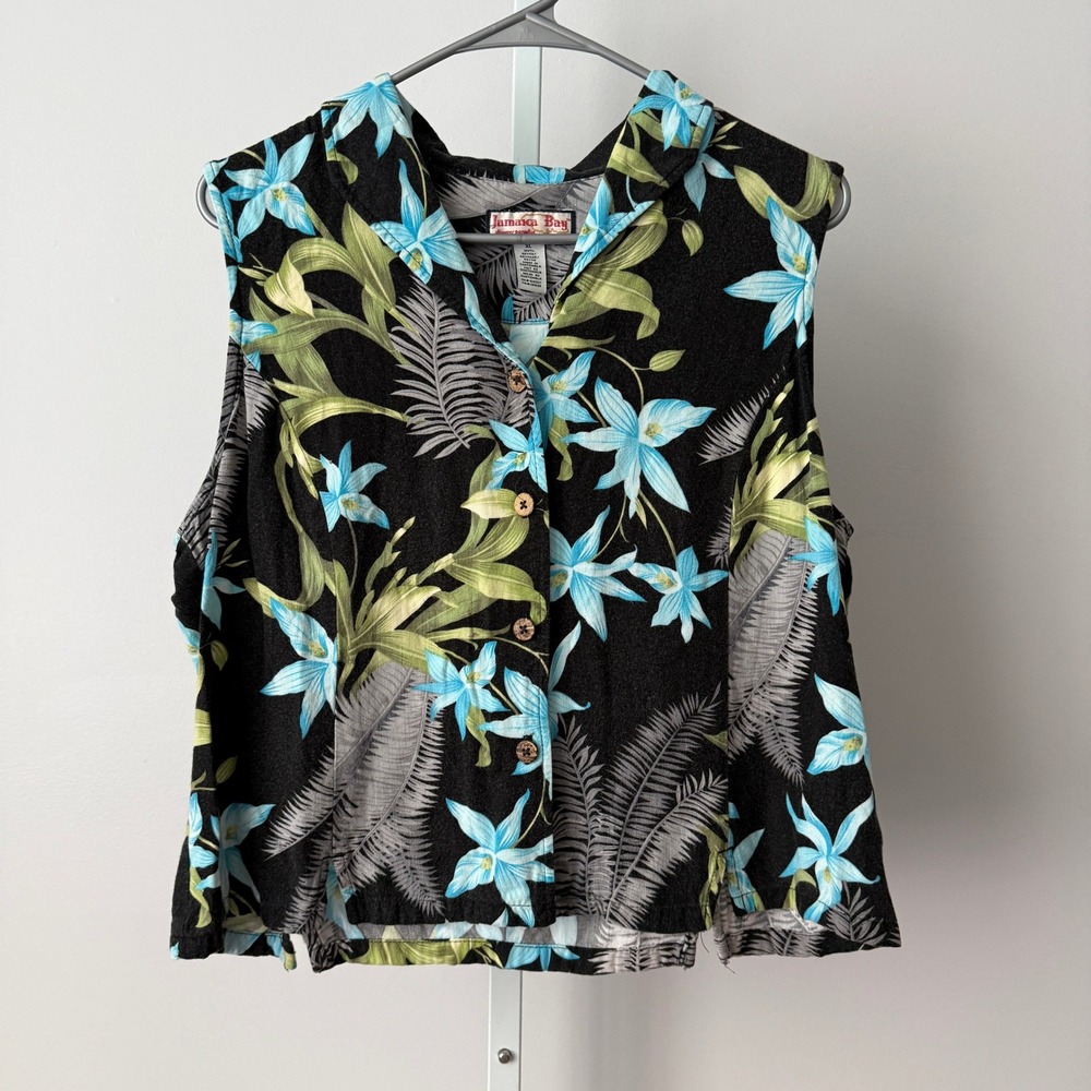 Jamaica Bay XL Black Tropical Floral Button Blouse Shirt Beachy Tropical Coastal
